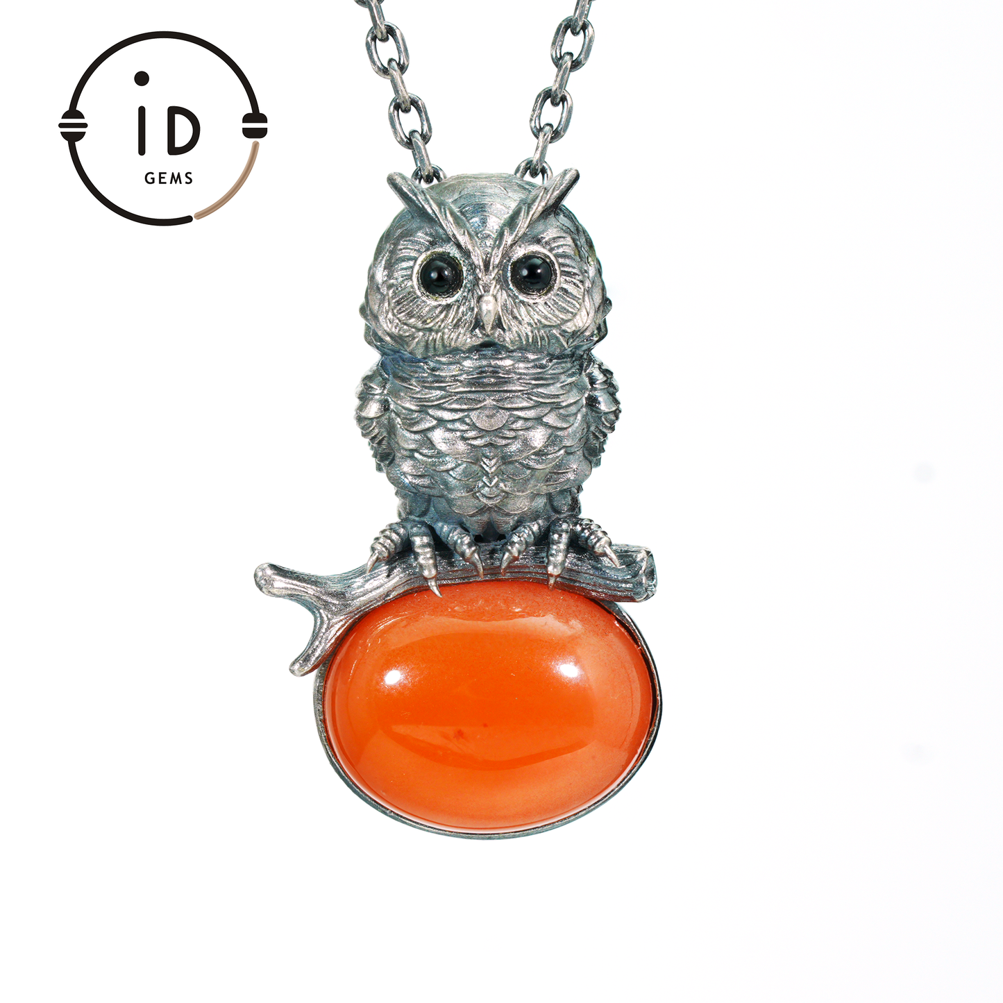 Nature-Style Owl Necklace | Handmade 925 Sterling Silver | Carnelian Cabochon & Onyx Eyes | Fine Feather Engraving | Handmade Gift