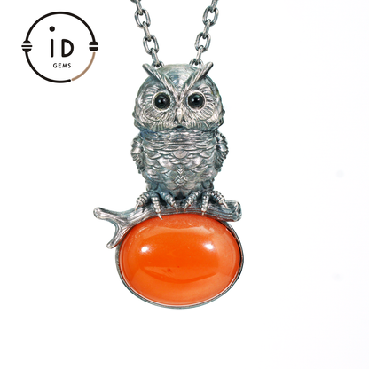Nature-Style Owl Necklace | Handmade 925 Sterling Silver | Carnelian Cabochon & Onyx Eyes | Fine Feather Engraving | Handmade Gift