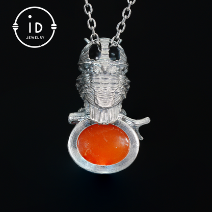 Nature-Style Owl Necklace | Handmade 925 Sterling Silver | Carnelian Cabochon & Onyx Eyes | Fine Feather Engraving | Handmade Gift