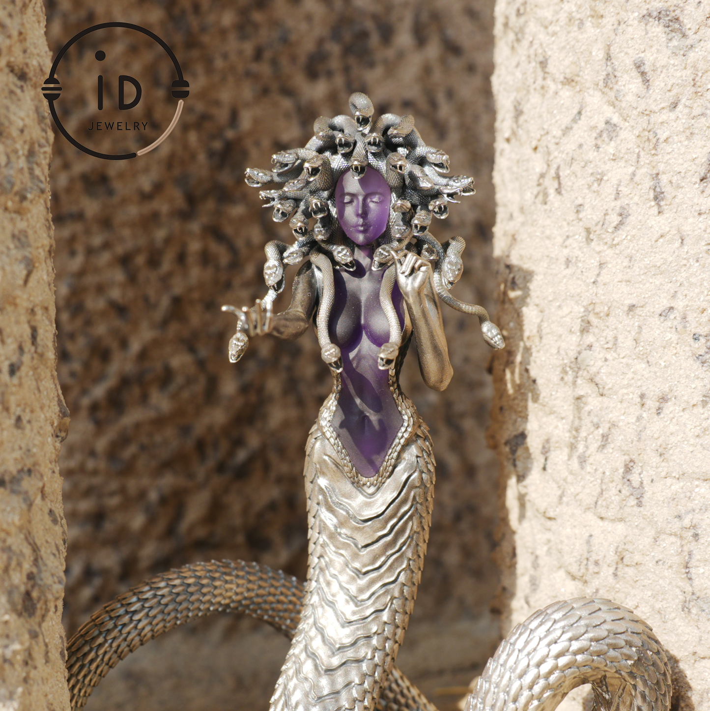 Silver Amethyst Serpent Woman Pendant & Figurine, Handmade Gothic Totem Art Object, Wearable or Display, Unique Gift Idea
