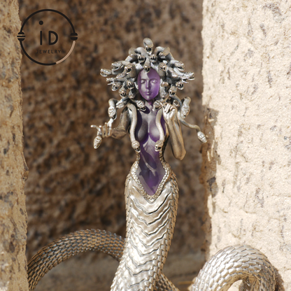 Silver Amethyst Serpent Woman Pendant & Figurine, Handmade Gothic Totem Art Object, Wearable or Display, Unique Gift Idea