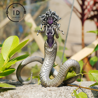 Silver Amethyst Serpent Woman Pendant & Figurine, Handmade Gothic Totem Art Object, Wearable or Display, Unique Gift Idea