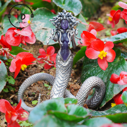 Silver Amethyst Serpent Woman Pendant & Figurine, Handmade Gothic Totem Art Object, Wearable or Display, Unique Gift Idea