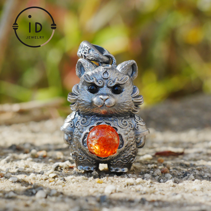 Tiger Pendant in 925 Sterling Silver with Sunstone and Black Onyx, Vintage Totem Necklace Amulet, Gift for Men Birthday Christmas