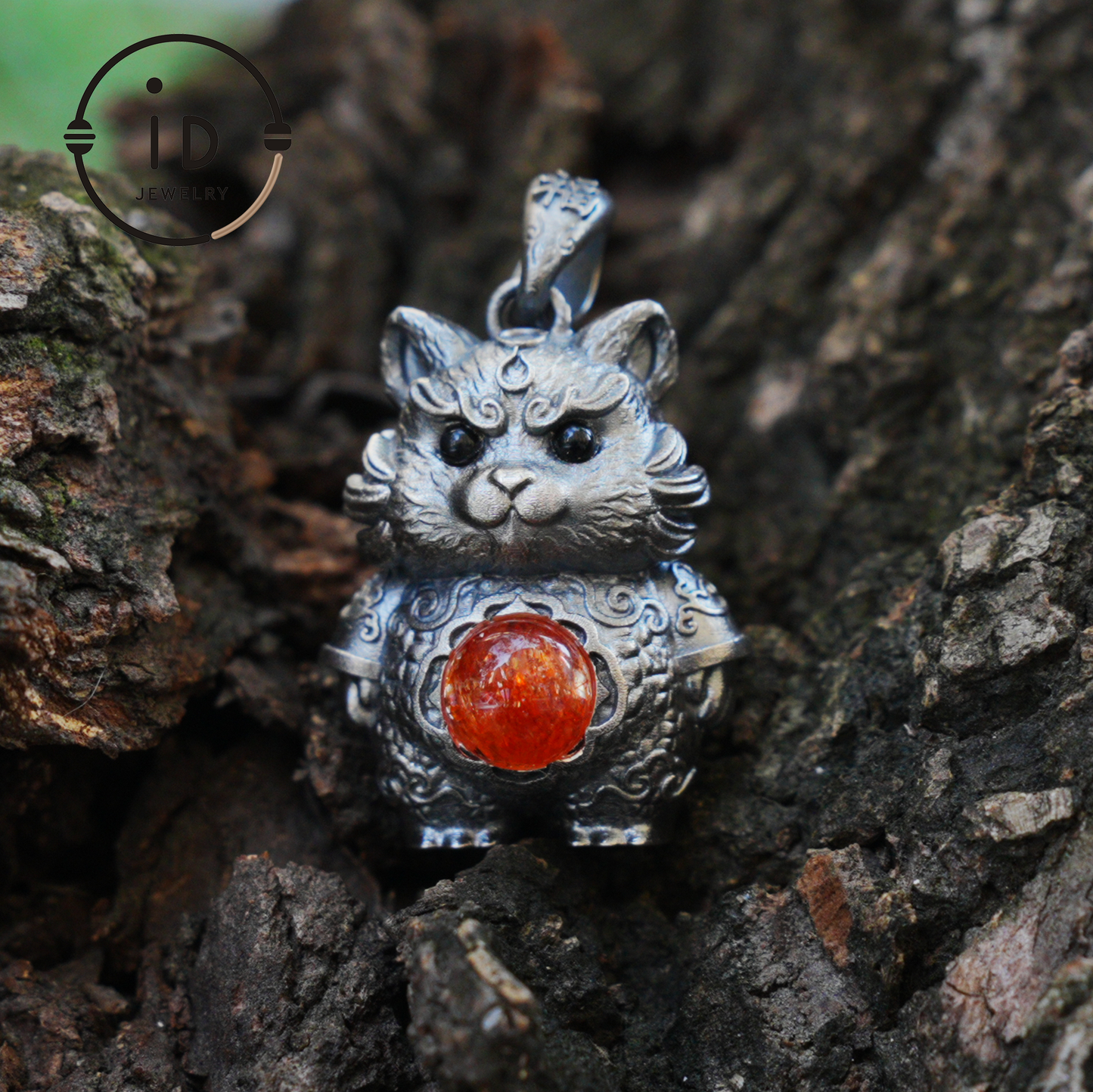 Tiger Pendant in 925 Sterling Silver with Sunstone and Black Onyx, Vintage Totem Necklace Amulet, Gift for Men Birthday Christmas