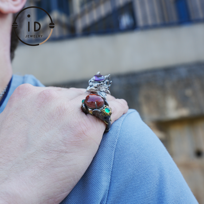 Adjustable Elephant Ring in 925 Sterling Silver with Red Agate and Green Stones, Totem Style Animal Symbol Jewelry, Spiritual Gift for Her