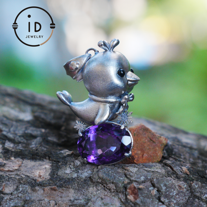 Dolphin Necklace in 925 Sterling Silver with Purple Amethyst, Handmade Jewelry in Vintage Animal Fairytale Style, Ideal Gift for Women