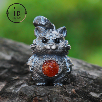 Tiger Pendant in 925 Sterling Silver with Sunstone and Black Onyx, Vintage Totem Necklace Amulet, Gift for Men Birthday Christmas