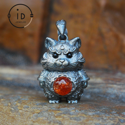 Tiger Pendant in 925 Sterling Silver with Sunstone and Black Onyx, Vintage Totem Necklace Amulet, Gift for Men Birthday Christmas