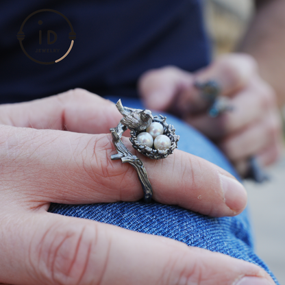 Adjustable Pearl Ring in Oxidized Silver or Gold Plated 925 Silver, Branch Design Fairytale Jewelry, Gift for Her, Mother's Day, Birthday