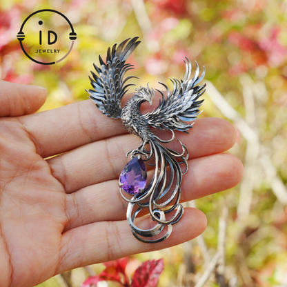 Gothic Pendant in 925 Silver with Amethyst Gemstone, Oxidized Vintage Design, Unisex Silver Necklace, Statement Jewelry as Birthday Gift