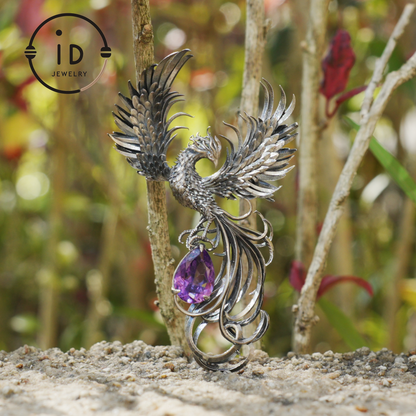 Gothic Pendant in 925 Silver with Amethyst Gemstone, Oxidized Vintage Design, Unisex Silver Necklace, Statement Jewelry as Birthday Gift