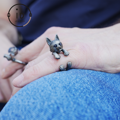 Adjustable dog ring in 925 silver with onyx, oxidized gothic style, animal totem jewelry gift for her or dog lovers