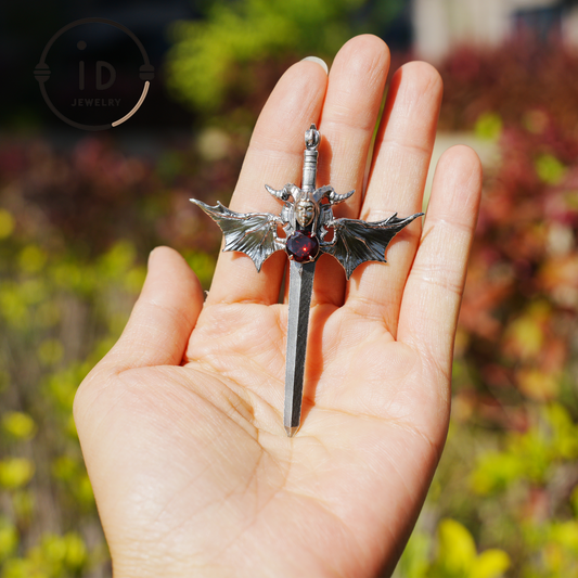 Gothic Sword Pendant in 925 Silver with Garnet Gemstone, Oxidized Vintage Design, Unisex Necklace as Birthday Gift