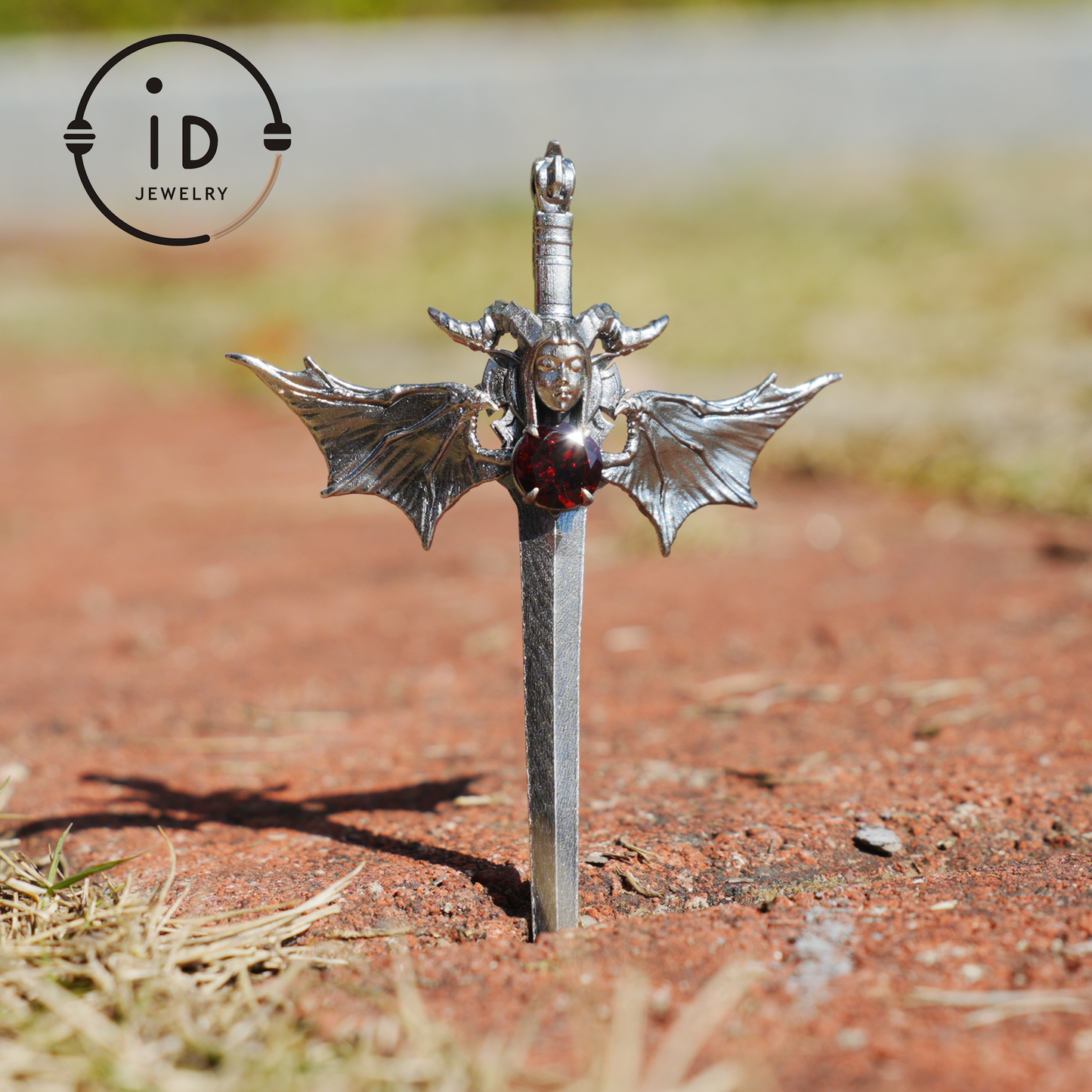 Gothic Sword Pendant in 925 Silver with Garnet Gemstone, Oxidized Vintage Design, Unisex Necklace as Birthday Gift