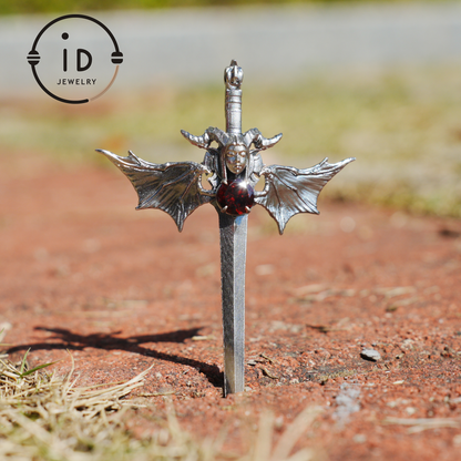 Gothic Sword Pendant in 925 Silver with Garnet Gemstone, Oxidized Vintage Design, Unisex Necklace as Birthday Gift
