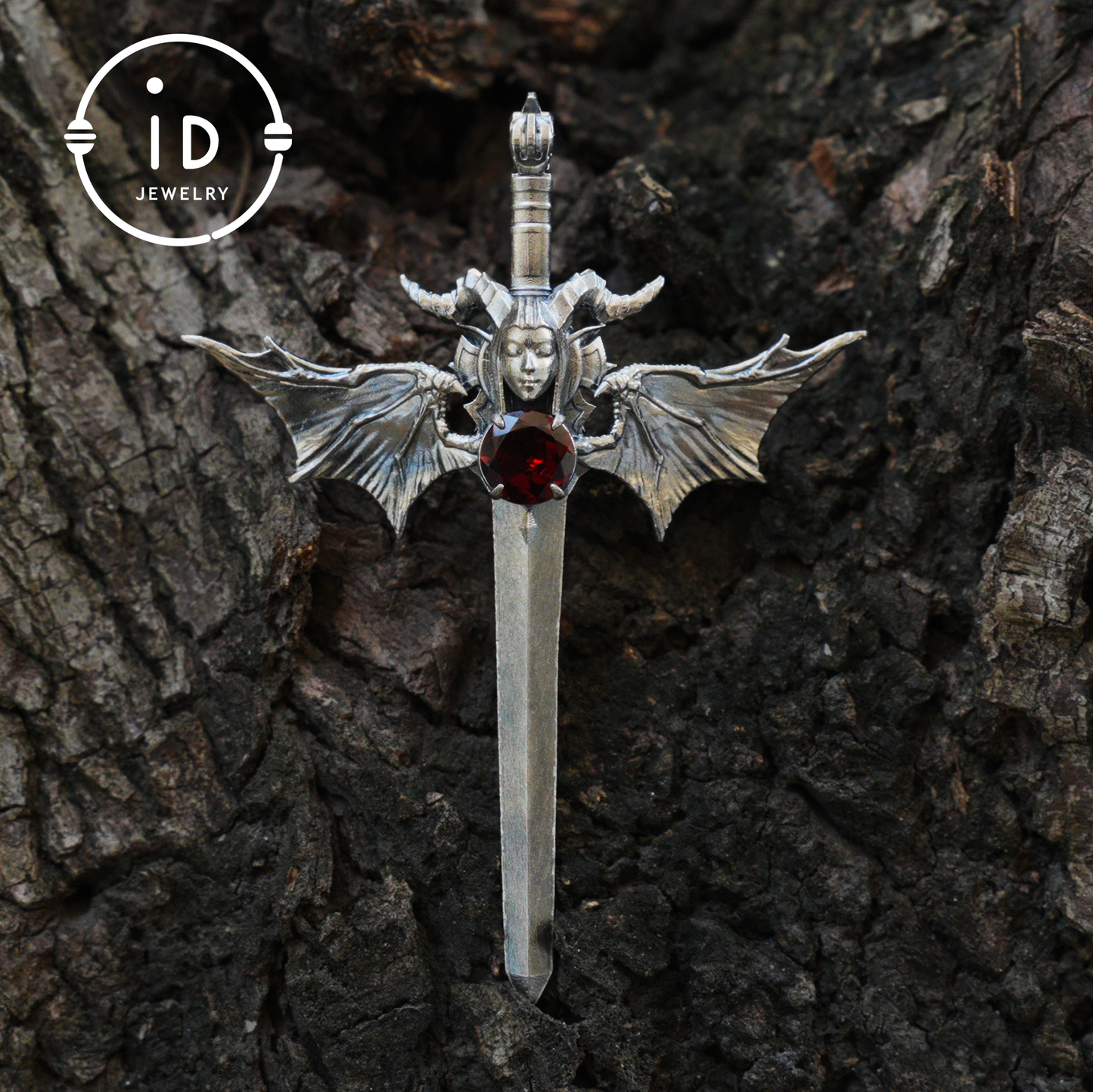 Gothic Sword Pendant in 925 Silver with Garnet Gemstone, Oxidized Vintage Design, Unisex Necklace as Birthday Gift