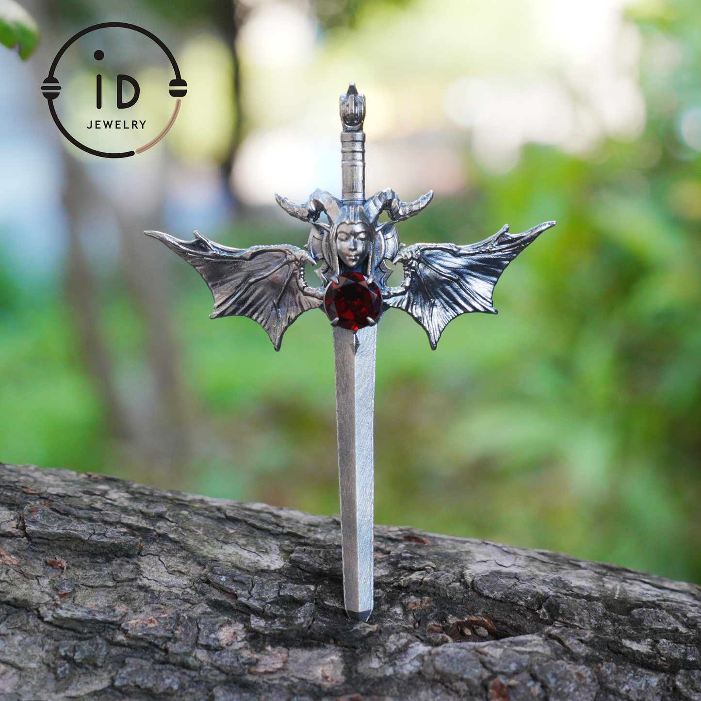 Gothic Sword Pendant in 925 Silver with Garnet Gemstone, Oxidized Vintage Design, Unisex Necklace as Birthday Gift