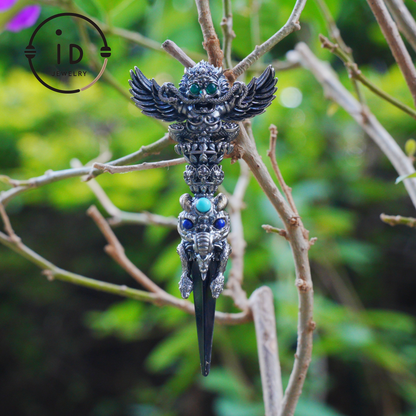 Totem pendant in 925 silver with turquoise and onyx · Spiritual gothic tribal jewelry in symbolic style · Gift for men or artists