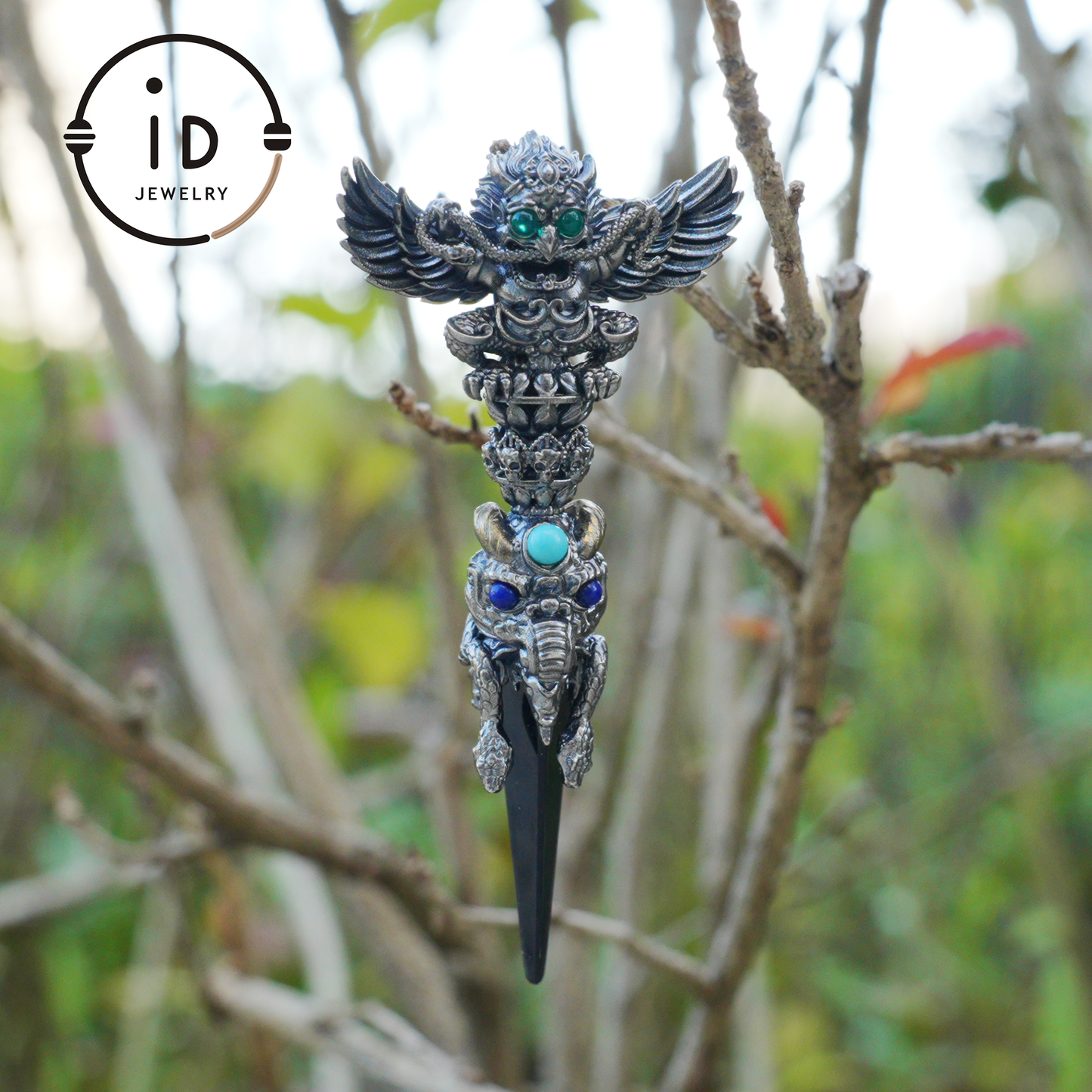 Totem pendant in 925 silver with turquoise and onyx · Spiritual gothic tribal jewelry in symbolic style · Gift for men or artists