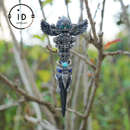 Totem pendant in 925 silver with turquoise and onyx · Spiritual gothic tribal jewelry in symbolic style · Gift for men or artists