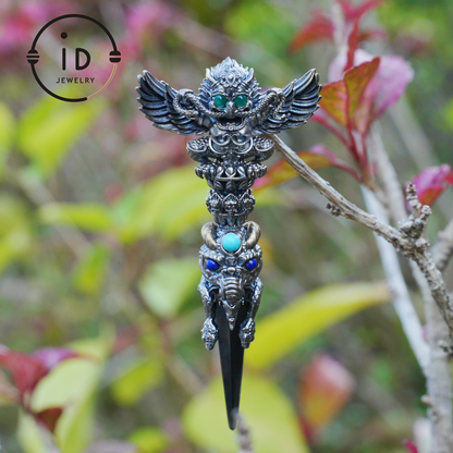 Totem pendant in 925 silver with turquoise and onyx · Spiritual gothic tribal jewelry in symbolic style · Gift for men or artists
