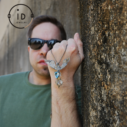 Handmade Phoenix Necklace with Aquamarine | Mystical Symbol | Vintage Fantasy Jewelry