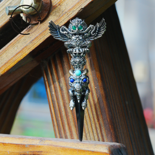 Totem pendant in 925 silver with turquoise and onyx · Spiritual gothic tribal jewelry in symbolic style · Gift for men or artists