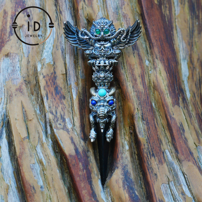Totem pendant in 925 silver with turquoise and onyx · Spiritual gothic tribal jewelry in symbolic style · Gift for men or artists