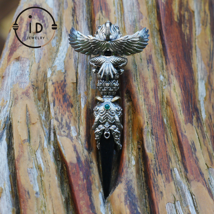 Totem pendant in 925 silver with turquoise and onyx · Spiritual gothic tribal jewelry in symbolic style · Gift for men or artists