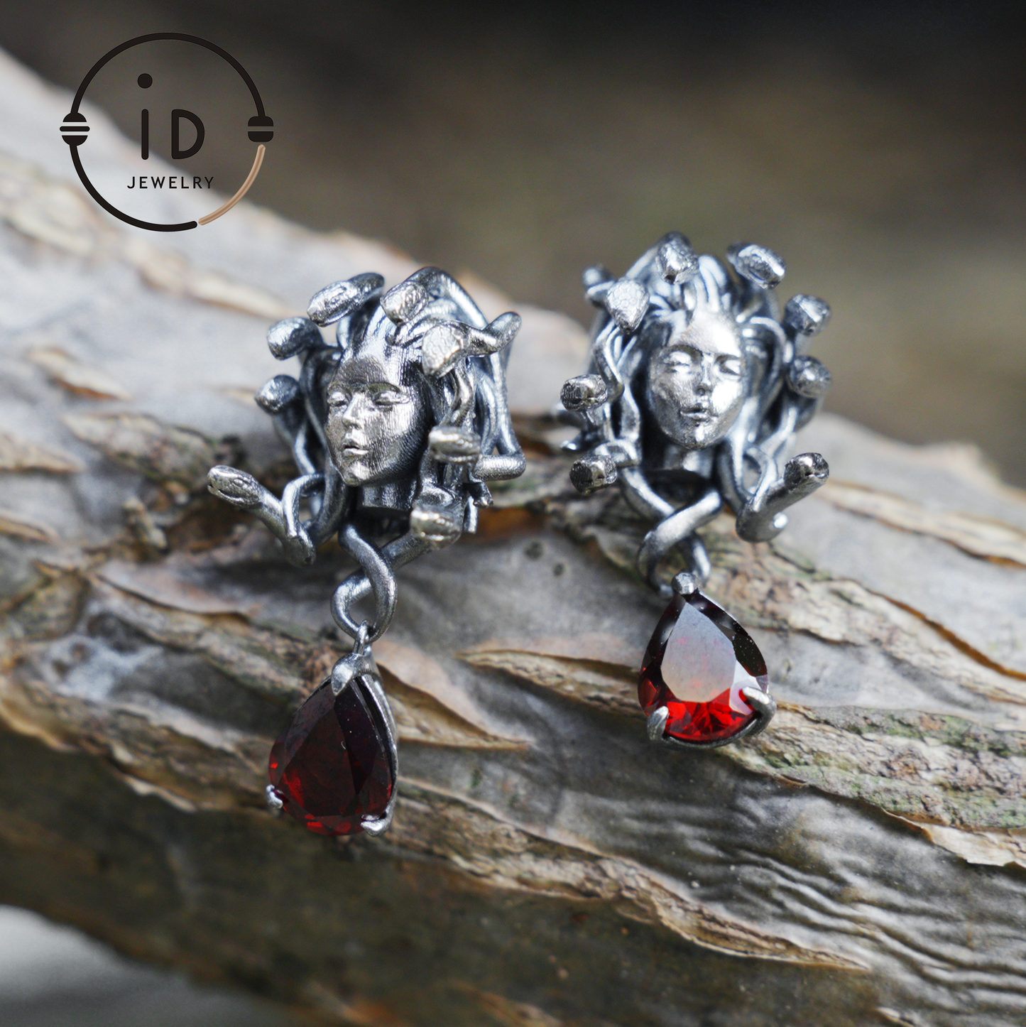 Medusa Earrings with Garnet Drop in Oxidized 925 Sterling Silver, Gothic Vintage Jewelry for Women, Christmas Gift Idea