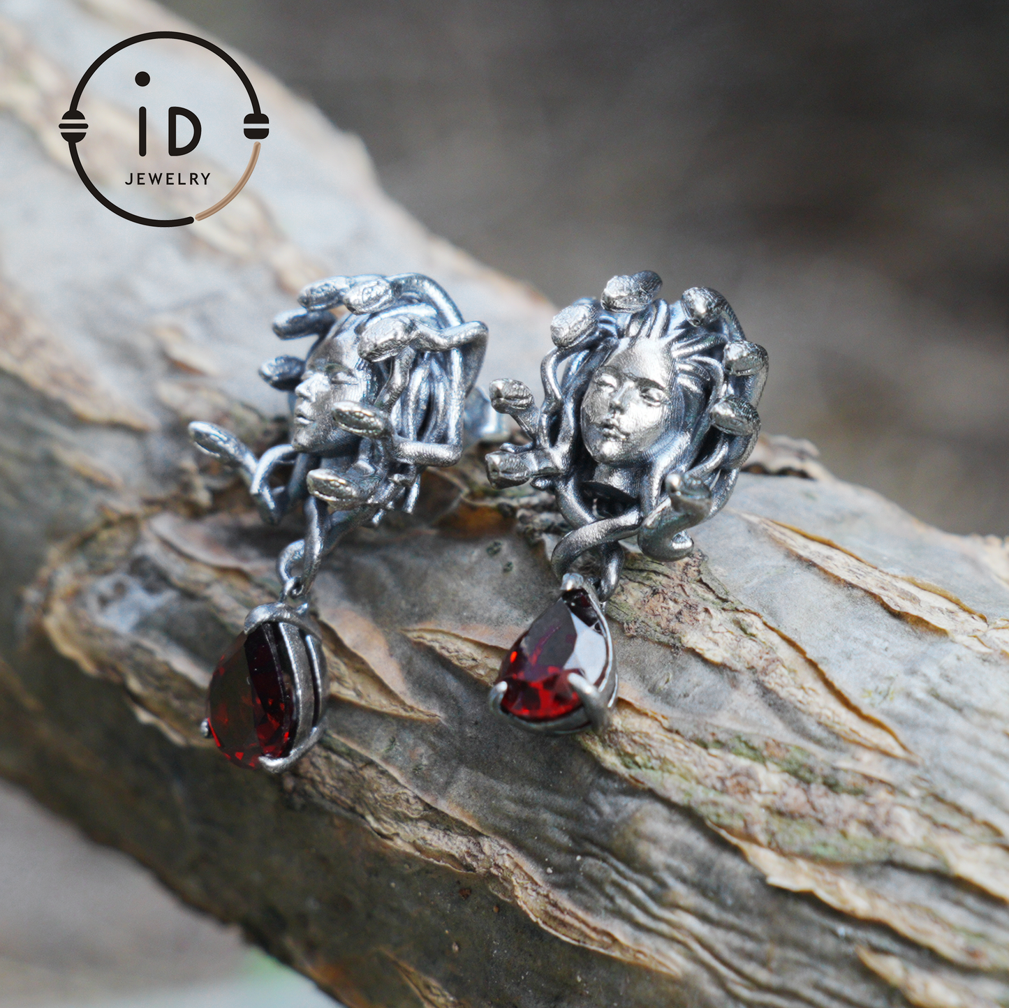 Medusa Earrings with Garnet Drop in Oxidized 925 Sterling Silver, Gothic Vintage Jewelry for Women, Christmas Gift Idea