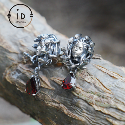 Medusa Earrings with Garnet Drop in Oxidized 925 Sterling Silver, Gothic Vintage Jewelry for Women, Christmas Gift Idea