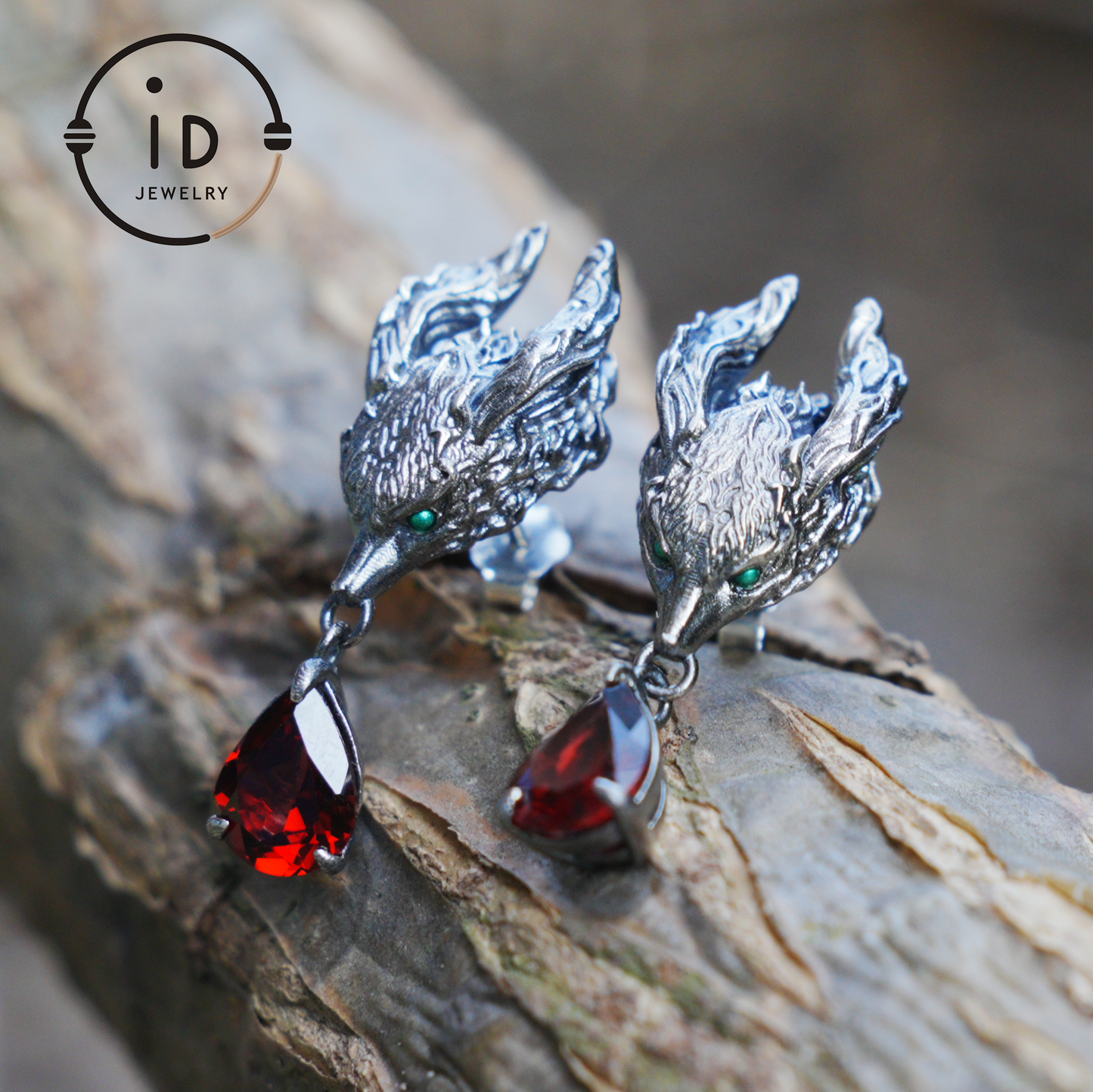 Fox Jewelry Set in Oxidized 925 Silver with Red Garnet – Gothic Earrings & Ring – Mystical Animal Jewelry in Fantasy Style Gift