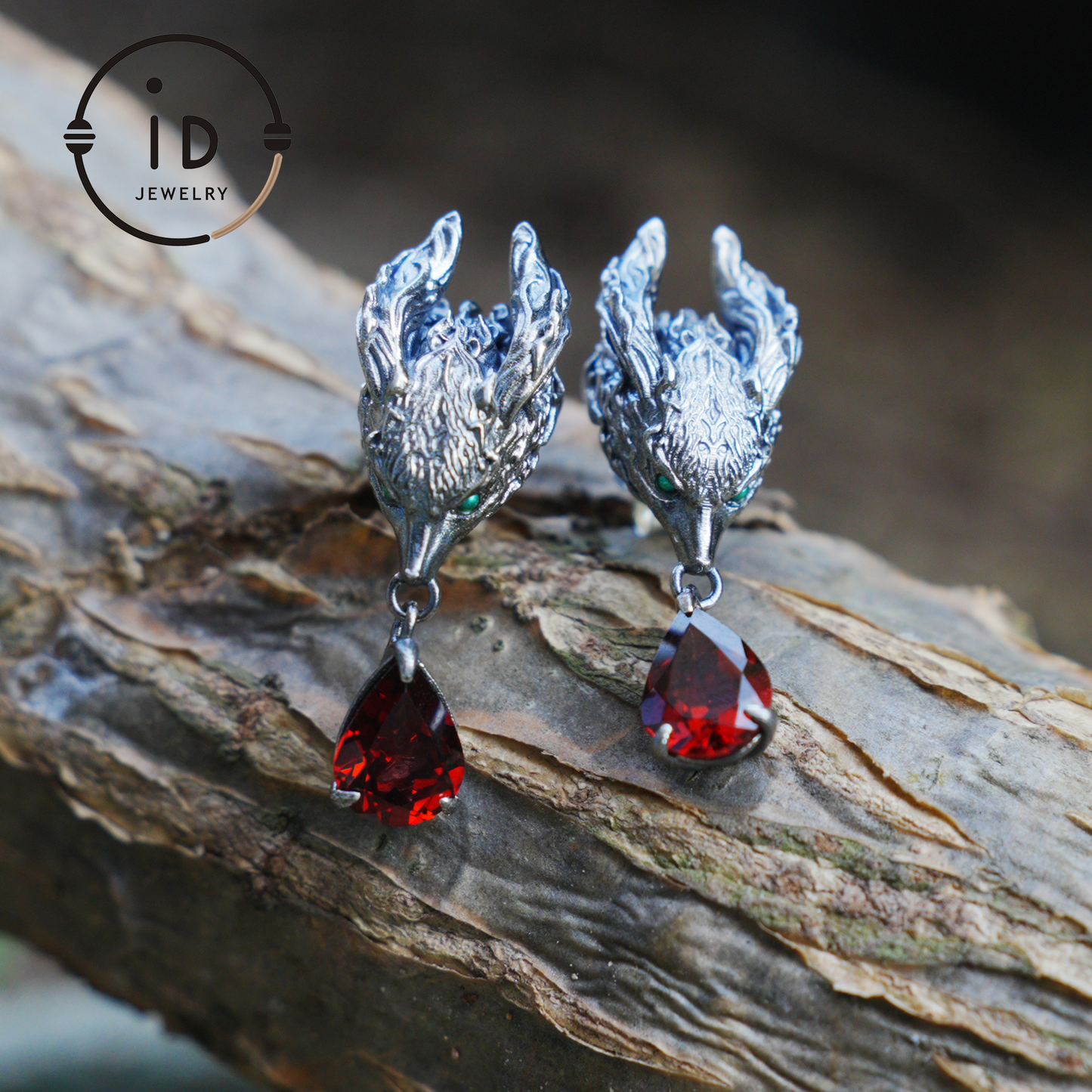 Fox Jewelry Set in Oxidized 925 Silver with Red Garnet – Gothic Earrings & Ring – Mystical Animal Jewelry in Fantasy Style Gift