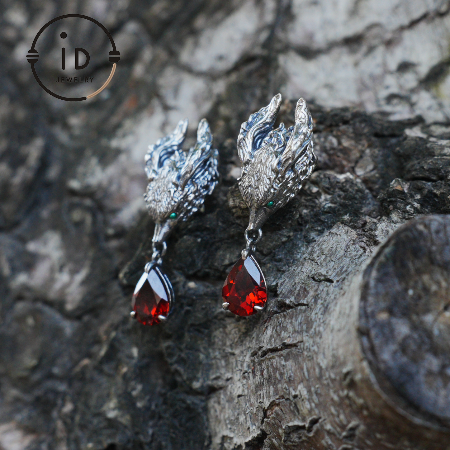 Fox Jewelry Set in Oxidized 925 Silver with Red Garnet – Gothic Earrings & Ring – Mystical Animal Jewelry in Fantasy Style Gift