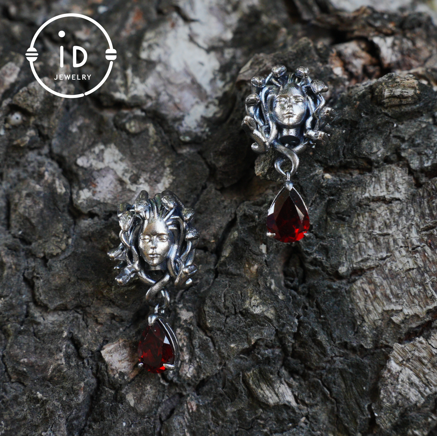 Medusa Earrings with Garnet Drop in Oxidized 925 Sterling Silver, Gothic Vintage Jewelry for Women, Christmas Gift Idea