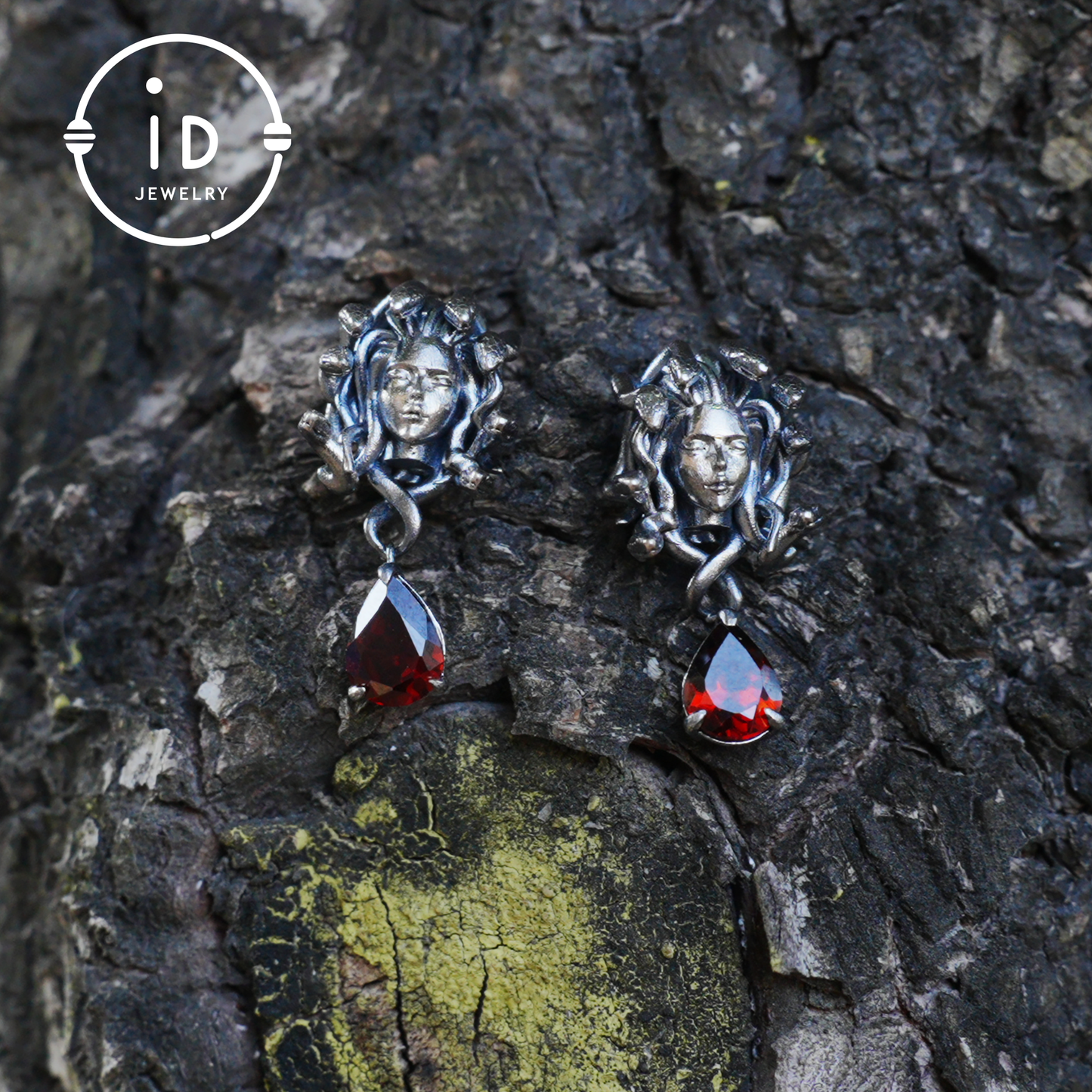 Medusa Earrings with Garnet Drop in Oxidized 925 Sterling Silver, Gothic Vintage Jewelry for Women, Christmas Gift Idea