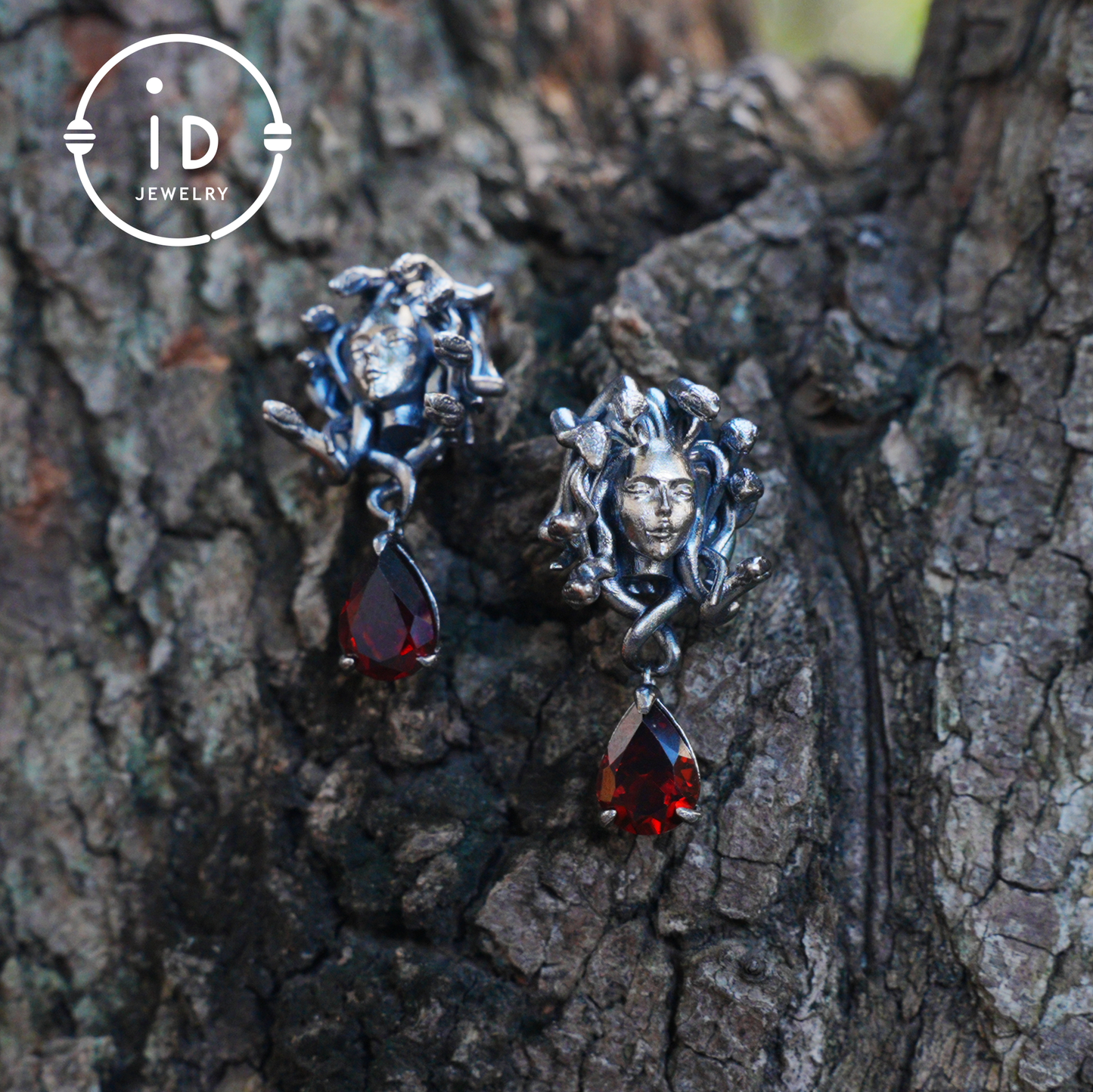 Medusa Earrings with Garnet Drop in Oxidized 925 Sterling Silver, Gothic Vintage Jewelry for Women, Christmas Gift Idea