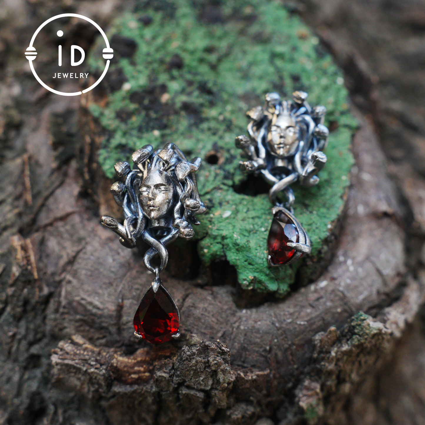 Medusa Earrings with Garnet Drop in Oxidized 925 Sterling Silver, Gothic Vintage Jewelry for Women, Christmas Gift Idea