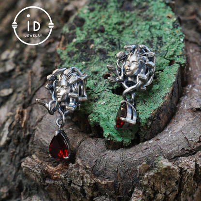Medusa Earrings with Garnet Drop in Oxidized 925 Sterling Silver, Gothic Vintage Jewelry for Women, Christmas Gift Idea
