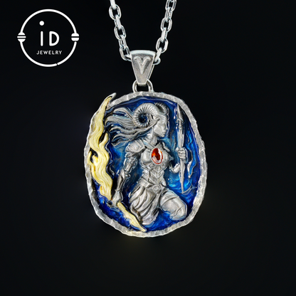 Aries Medallion Pendant | Irregular “Meteorite” Frame | Blue Enamel Starry Sheen | Orange Zirconia Center | Handmade Silver Jewelry