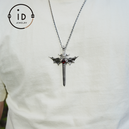 Gothic Sword Pendant in 925 Silver with Garnet Gemstone, Oxidized Vintage Design, Unisex Necklace as Birthday Gift