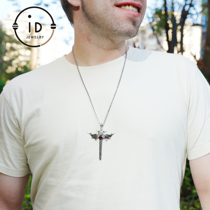 Gothic Sword Pendant in 925 Silver with Garnet Gemstone, Oxidized Vintage Design, Unisex Necklace as Birthday Gift