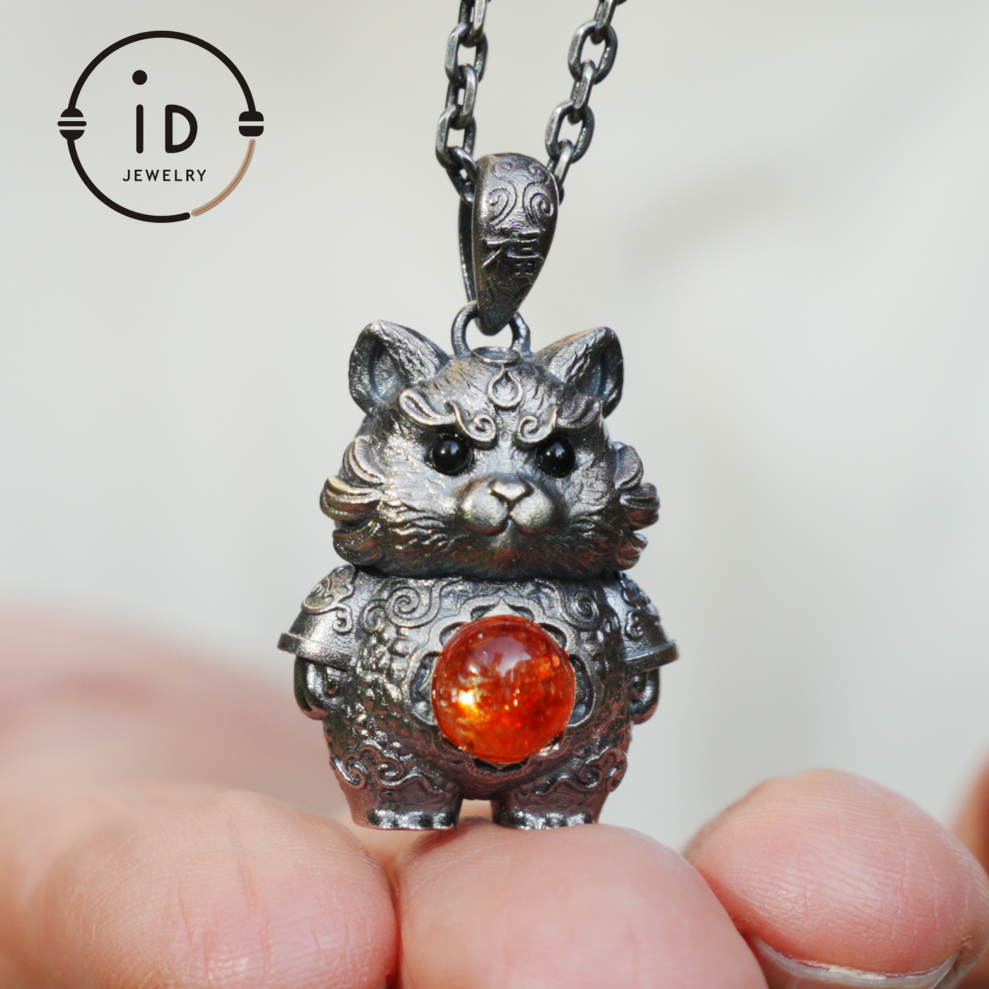 Tiger Pendant in 925 Sterling Silver with Sunstone and Black Onyx, Vintage Totem Necklace Amulet, Gift for Men Birthday Christmas