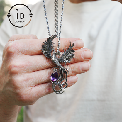 Gothic Pendant in 925 Silver with Amethyst Gemstone, Oxidized Vintage Design, Unisex Silver Necklace, Statement Jewelry as Birthday Gift