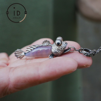 Pink Agate Fish Pendant in 925 Silver, Whimsical Totem Animal Necklace, Fantasy Vintage Jewelry Gift for Women or Men, Birthday Christmas