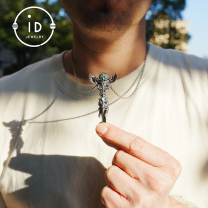 Totem pendant in 925 silver with turquoise and onyx · Spiritual gothic tribal jewelry in symbolic style · Gift for men or artists