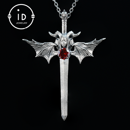 Gothic Sword Pendant in 925 Silver with Garnet Gemstone, Oxidized Vintage Design, Unisex Necklace as Birthday Gift