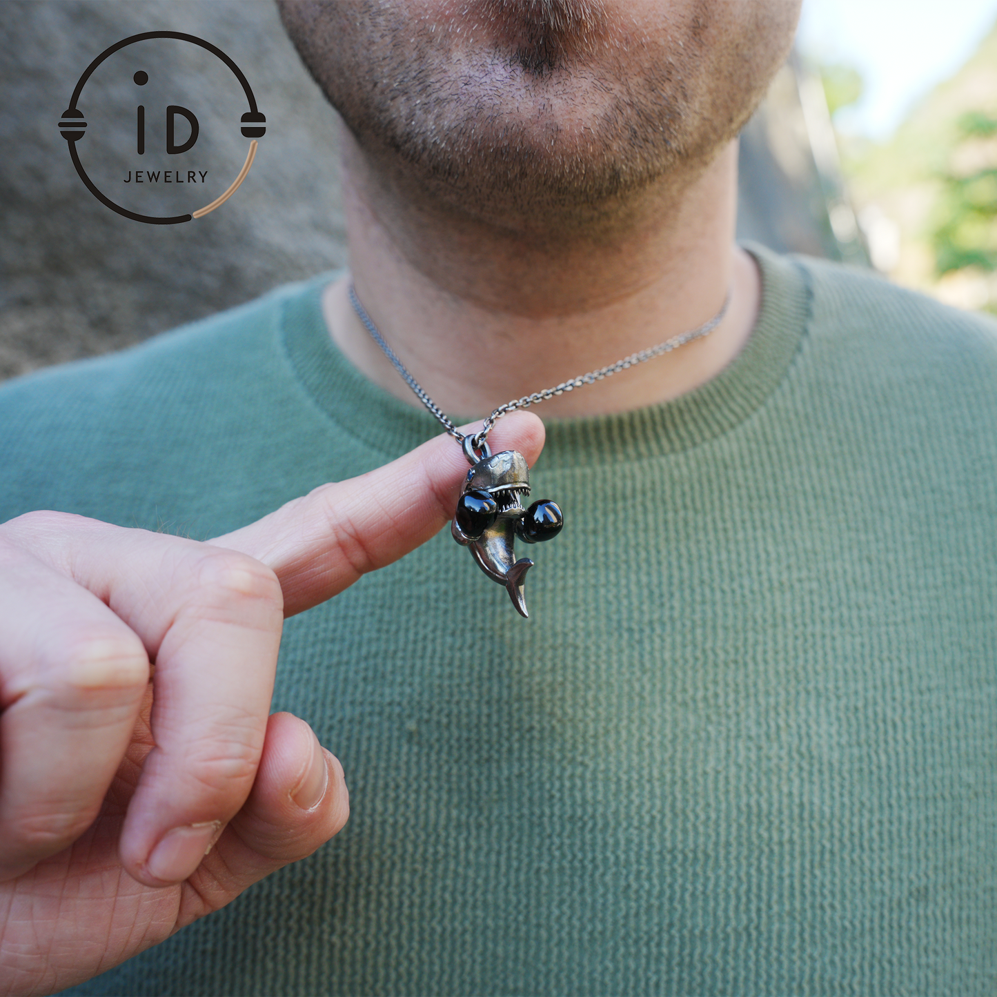 Shark Pendant in Oxidized 925 Sterling Silver with Blue Agate Gem · Ocean Totem Jewelry Gift for Men and Sea Lovers